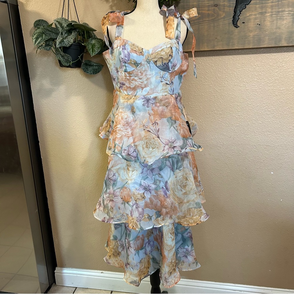 Lulu's Pastel Floral Tiered Midi Dress with Bow Straps - Picture 2 of 10